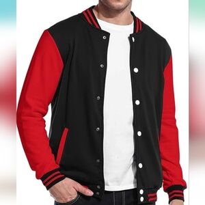 COOFANDY Men's Fashion Varsity Jacket Causal Slim Size XXL Black/Red Long Sleeve